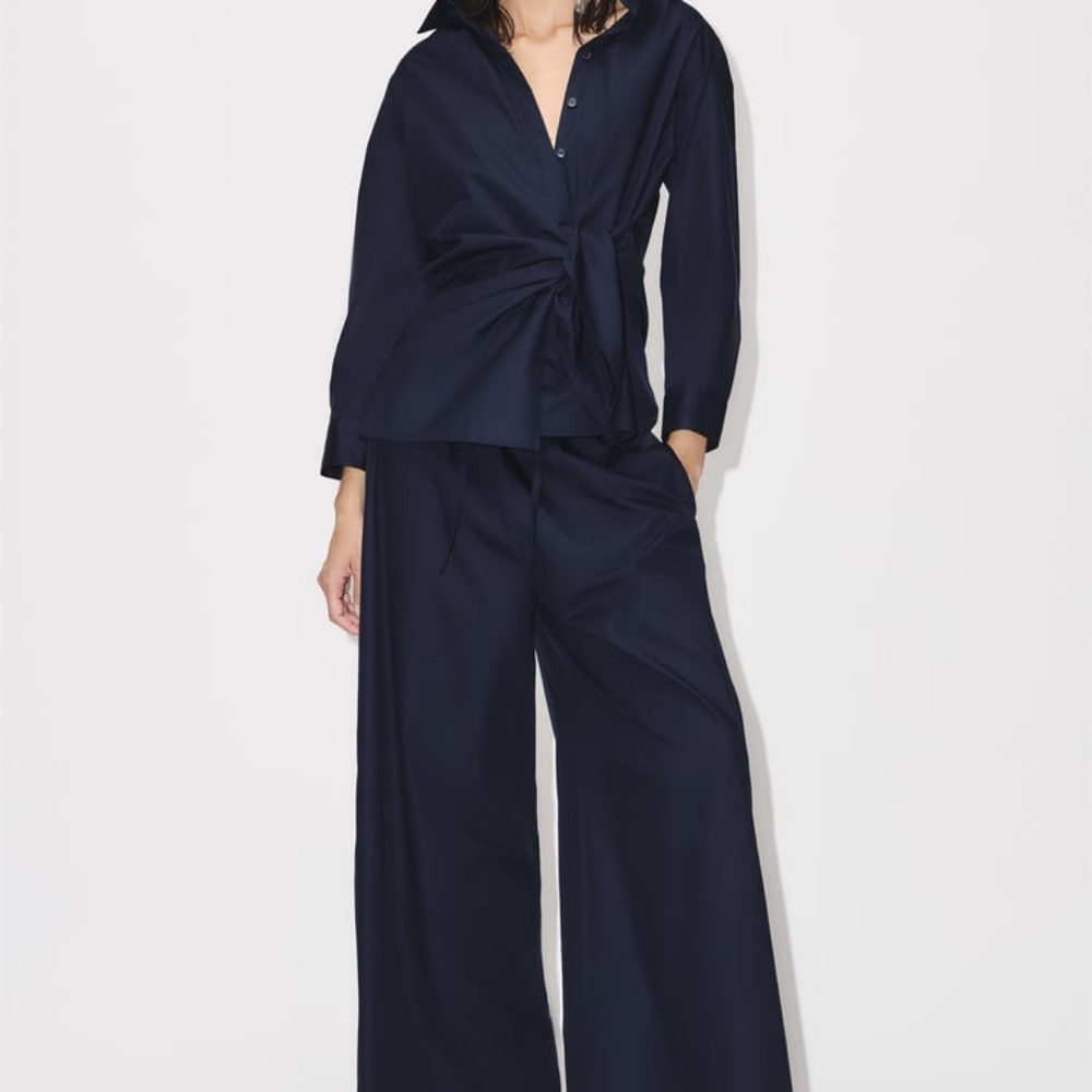 Zara Set Poplin Wrap Shirt & Wide Legs Pants Navy Blue Sz M BNWT